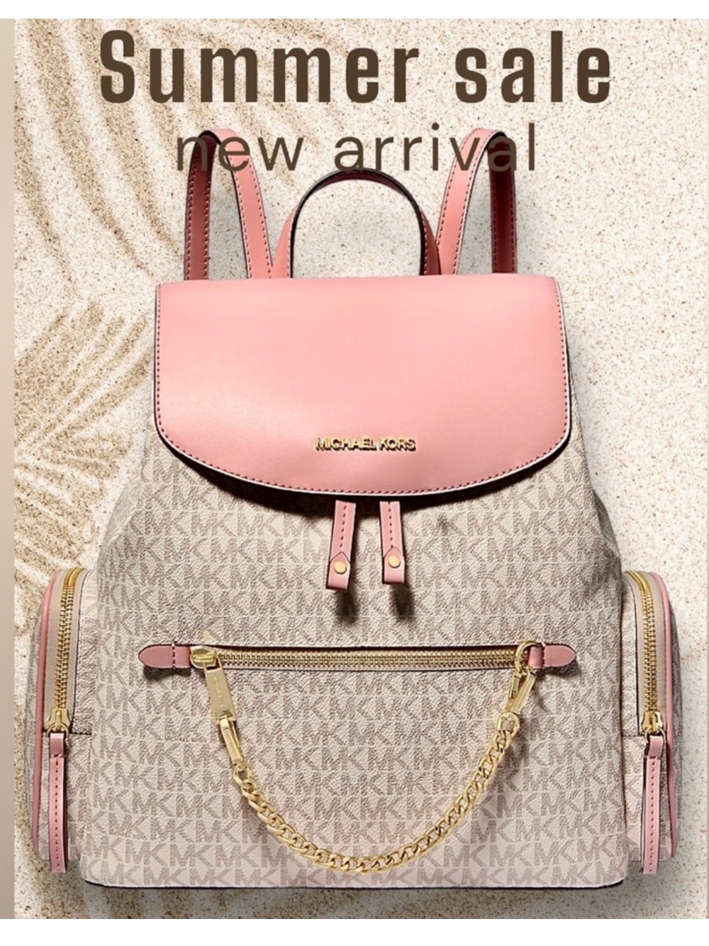 Michael KORS Jet Set Signature Pink Coated Canvas Drawstring Backpack Gold Chain